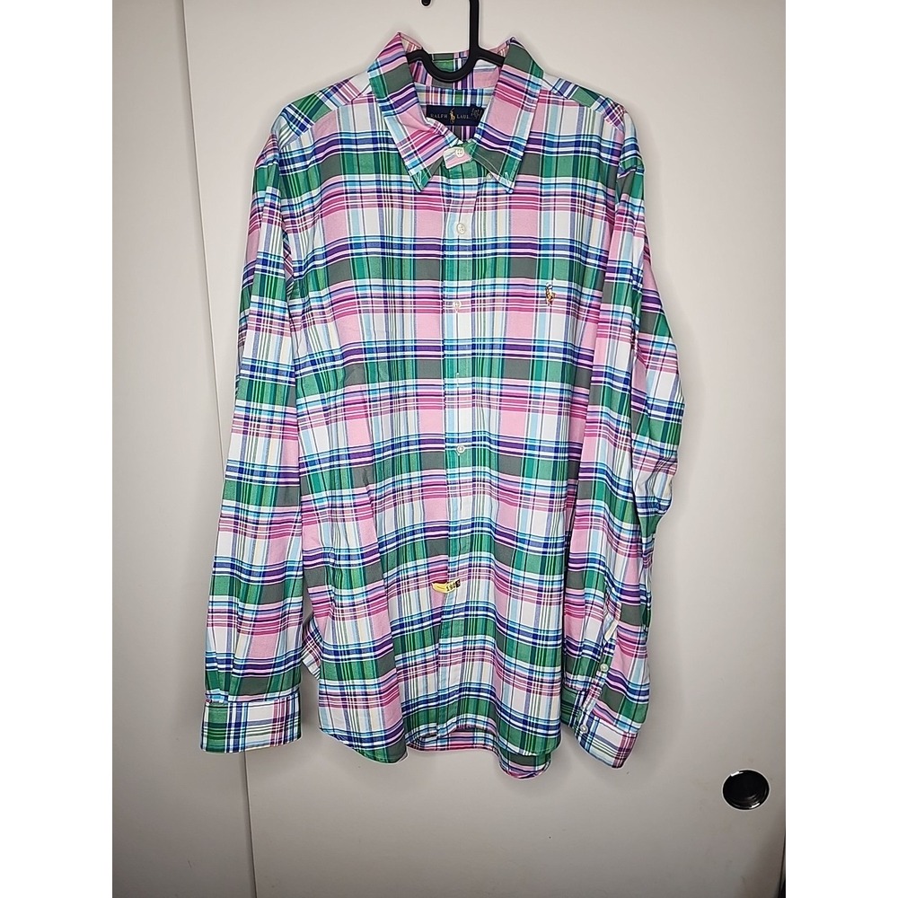 Ralph Lauren Shirt Mens XLarge Long Sleeve Button Down Flesh Pony Plaid Pink Gre